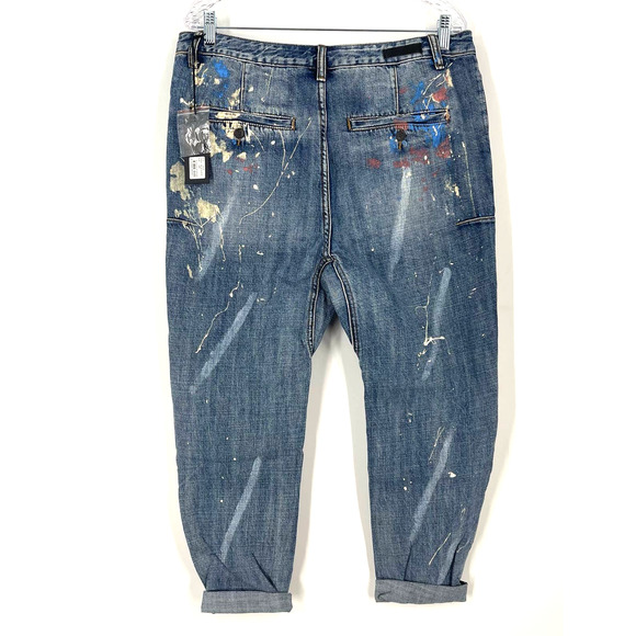 Man X One Teaspoon 32R Blue Suede Mr Browns Paint Splattered Distressed Jeans - Picture 3 of 12